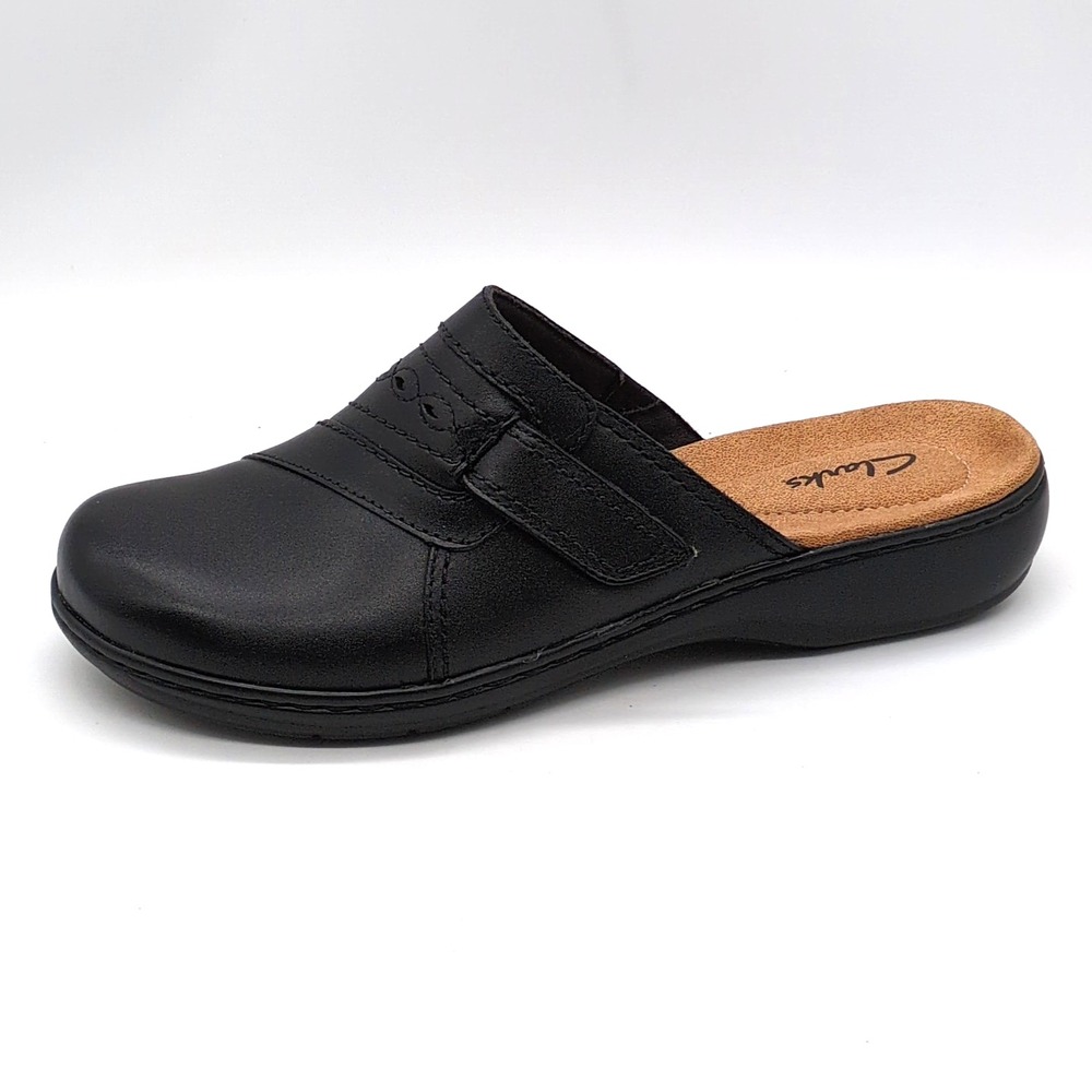 Clarks Shoes Womens Black 9 Leather Clogs Slip On Walking Comfort Hook Loop 1113